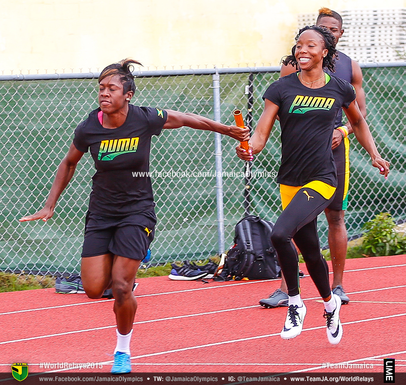 Jamaicans Samantha Henry Robinson and Sherone Simpson during training session in Nassau Bahamas for 2015 IAAF World Relays